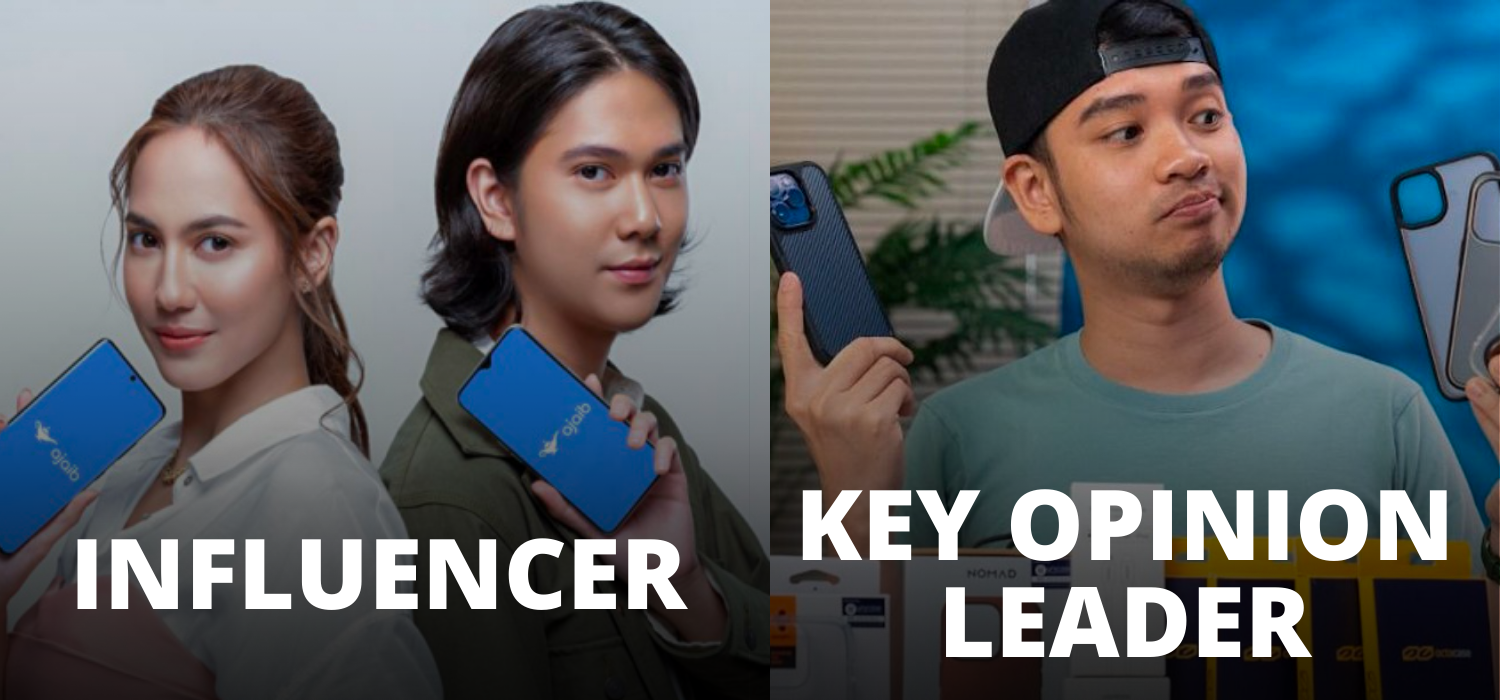 Perbedaan antara influencer dan KOL marketing. Di sebelah kiri adalah Pevita Pearce dan Iqbaal Ramadhan, selebriti yang mempromosikan sebuah aplikasi. Di sisi kanan adalah David GadgetIn yang dianggap profesional dalam mereview berbagai gadget oleh masyarakat.