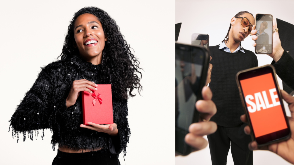 Woman with a red gift box smiling, and a man holding a phone with a "SALE" screen, depicting promotional offers and discounts short-term strategy, as the way to foster and Balancing Short and Long Term Marketing Strategies