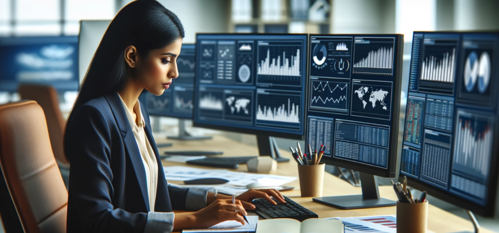 An image of a woman of South Asian descent, deeply engaged in data analysis and market research in her PC monitor.