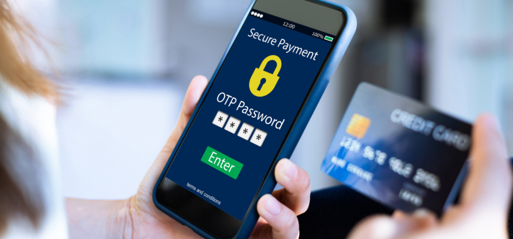 A woman uses her phone to safely pay a transaction using an OTP Password