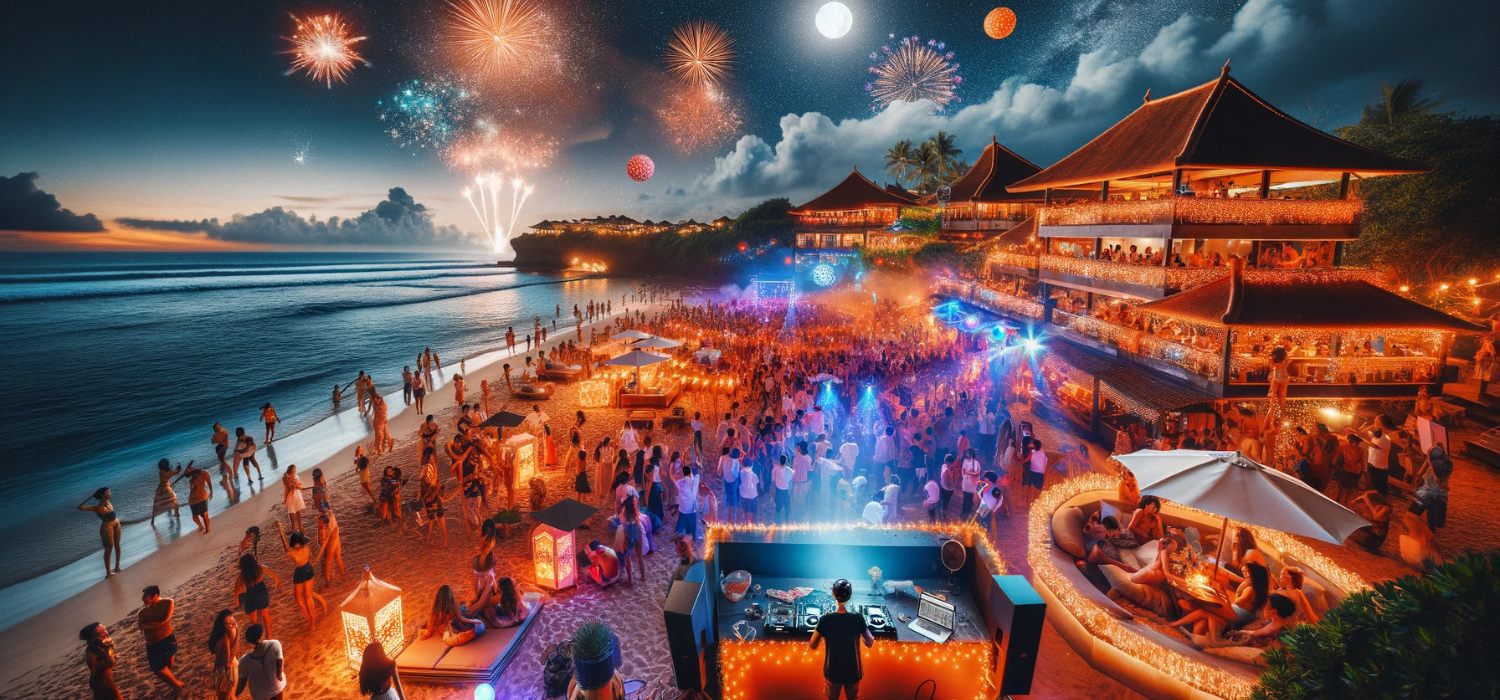 A festive beach party held by a hotel in Bali where many people interact and DJ performs under the night sky full of fireworks