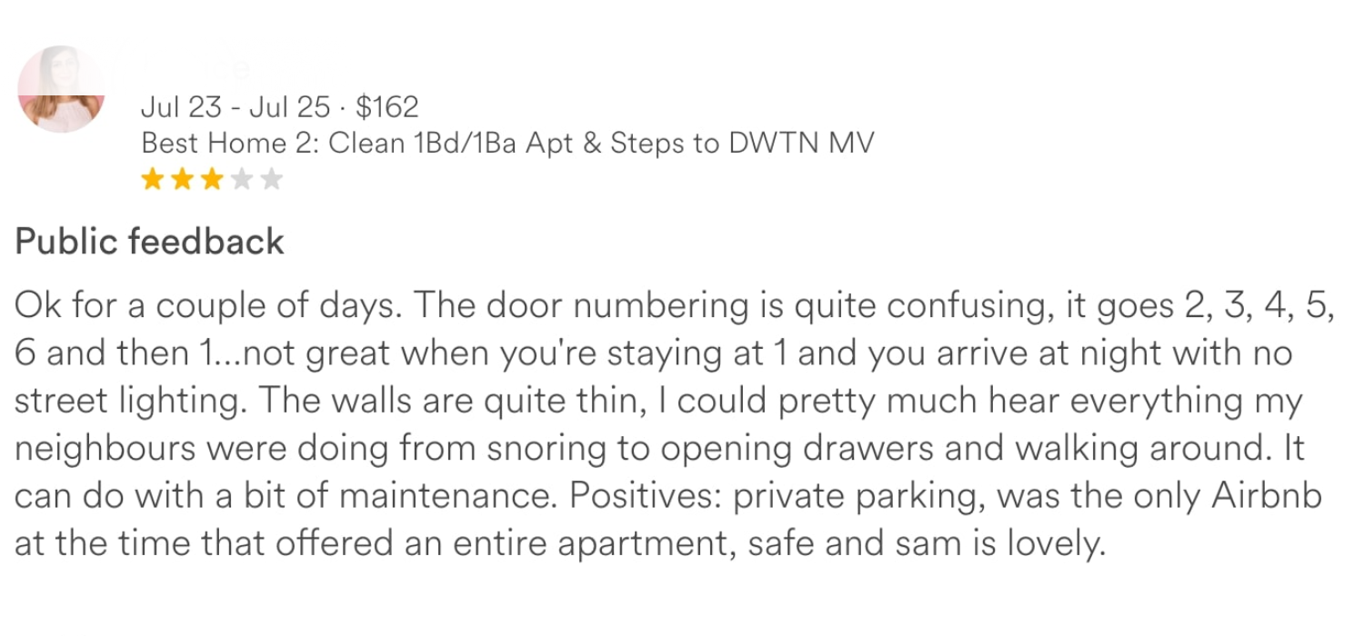 An example of an honest guest review that explains her complaints and what she’s satisfied with  on the Airbnb App