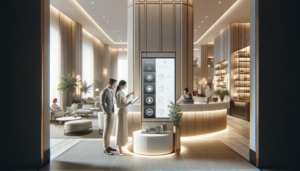 Guests using a digital mobile app in a modern hotel lobby, showcasing integrated omnichannel marketing technology.