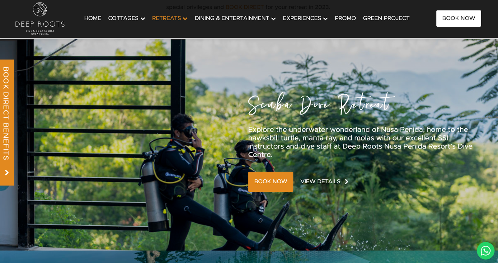 Two male scuba divers prepare for an adventure, highlighted on the 'DEEP ROOTS' resort's homepage