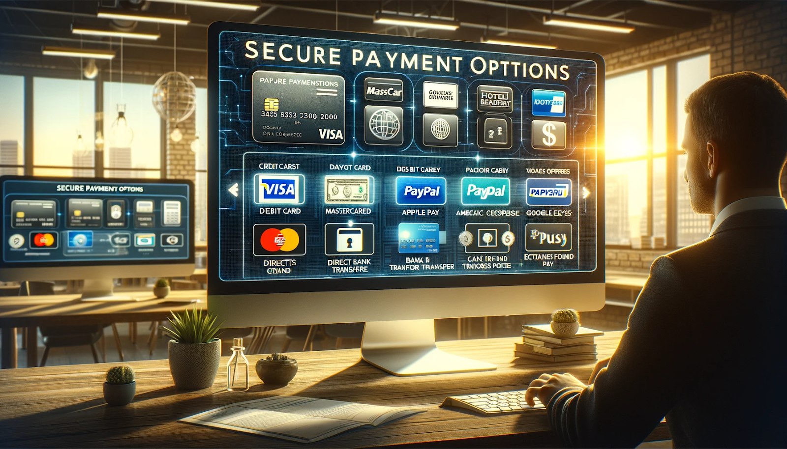 A businessman views an array of secure payment options on a computer screen as part of setting a perfect Hotel booking website design.